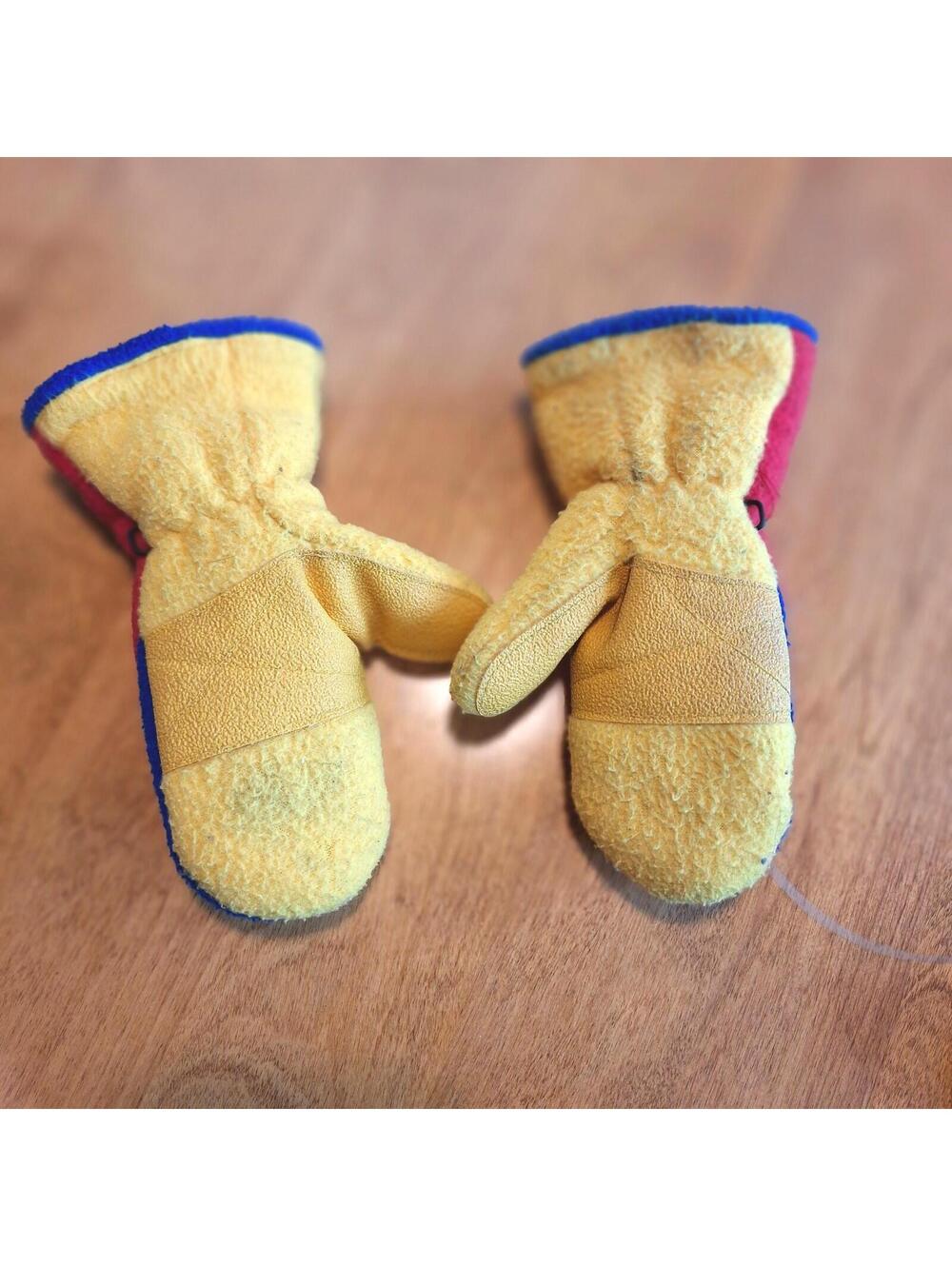 Vtg OshKosh B'Gosh Fleece Youth Mittens Red/Yellow/Blue Colorblock Hook/loop - Picture 2 of 9